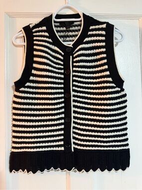 Zara Black and White Striped Knit Button-Up Vest